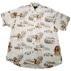 RedHead Men's Horse Themed Button-Up Short-Sleeve Shirt XL 100% Cotton